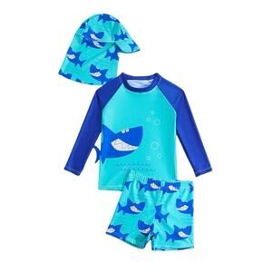Boys 6Y Blue Long Sleeved Shark Print Swimsuit Short and Hat Three Piece Set